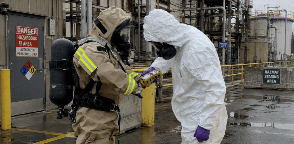C-AT portable WIS communication system supporting hazmat teams in Level A and Level B PPE during industrial response operations