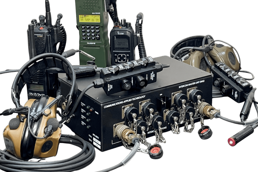 C-AT COMFORCE 10.4 vehicle intercom system with IMU, crew controllers, tactical headsets, radios, and push-to-talk controls