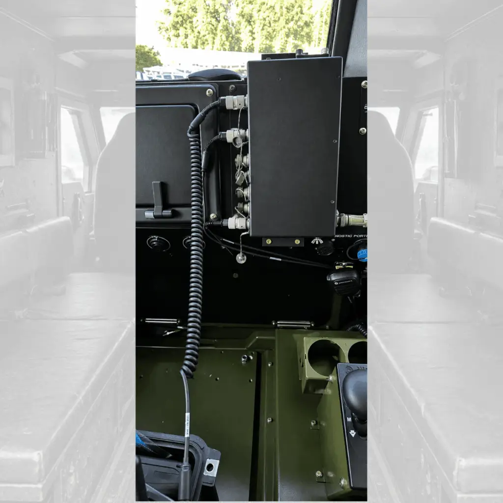 C-AT ComForce Intercom Master Unit (IMU) installed in a tactical vehicle, providing crew communications and radio integration for mission-critical operations.