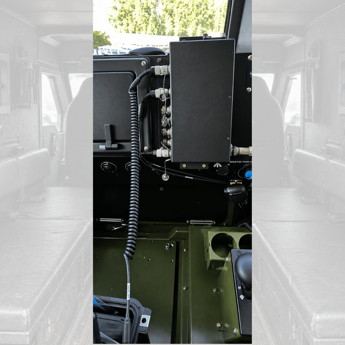 C-AT ComForce Intercom Master Unit (IMU) installed in a tactical vehicle, providing crew communications and radio integration for mission-critical operations.