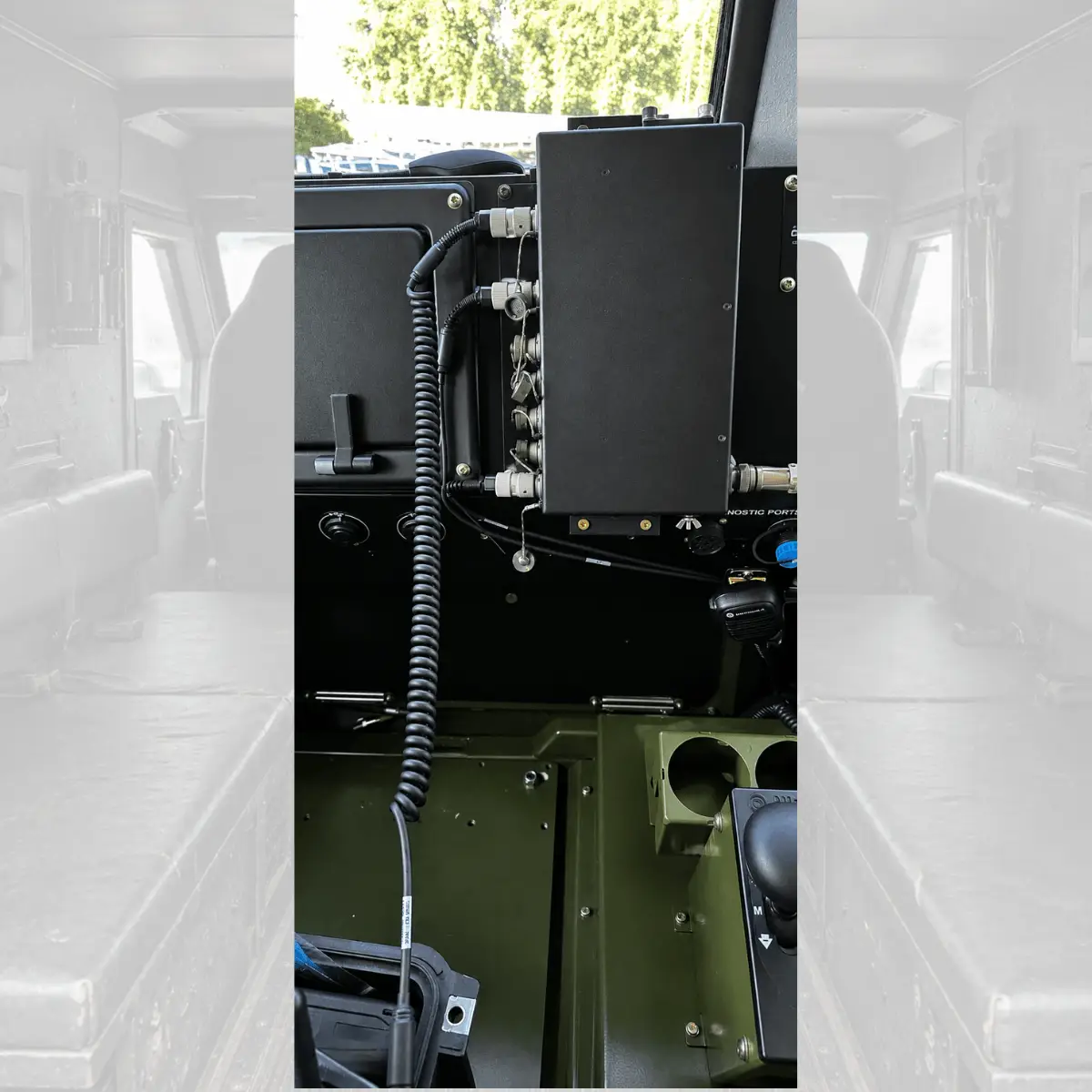 C-AT ComForce Intercom Master Unit (IMU) installed in a tactical vehicle, providing crew communications and radio integration for mission-critical operations.