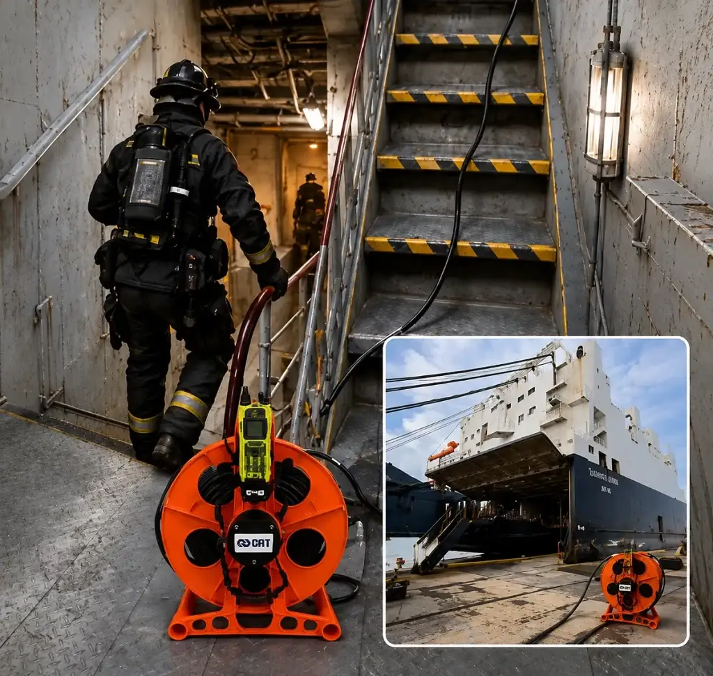 C-AT CSCK Confined Space Continuity Kit supporting firefighter communications inside a ship with cable reel deployment
