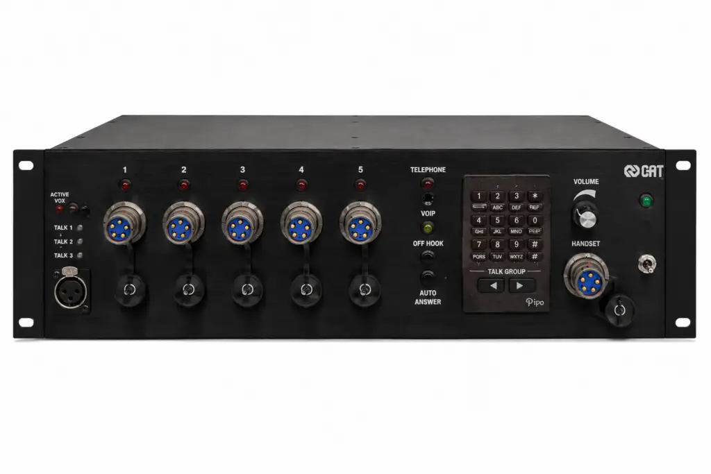 C-AT Operator Pro ICRI 3U rackmount system with five radio ports, VoIP, DTMF keypad, handset, and talk group controls